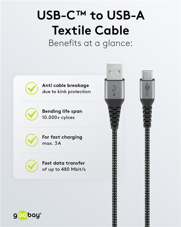 GOOBAY USB-C to USB-A Textile Cable with Metal Plugs