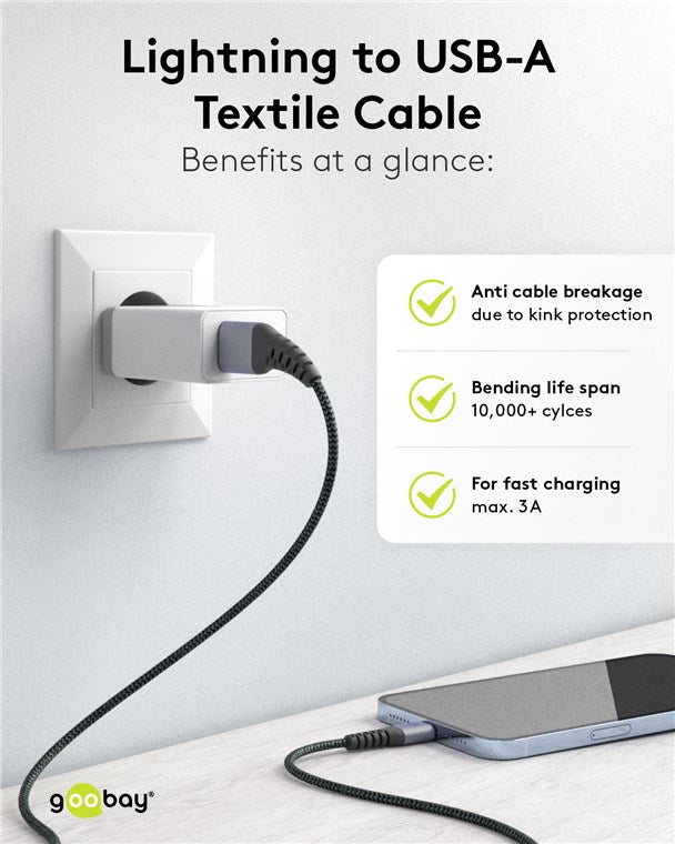 Goobay Lightning USB-A Textile 1m Cable with Metal Plugs