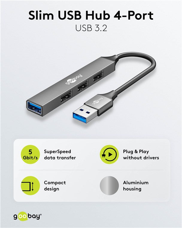 Goobay Slim 4-Port USB Hub, USB-A to 1 x USB-A 3.2 and 3 x USB-A 2.0