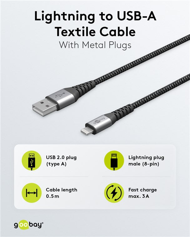 Goobay Lightning USB-A Textile 1m Cable with Metal Plugs
