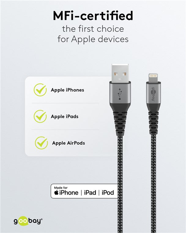 Goobay Lightning USB-A Textile 1m Cable with Metal Plugs