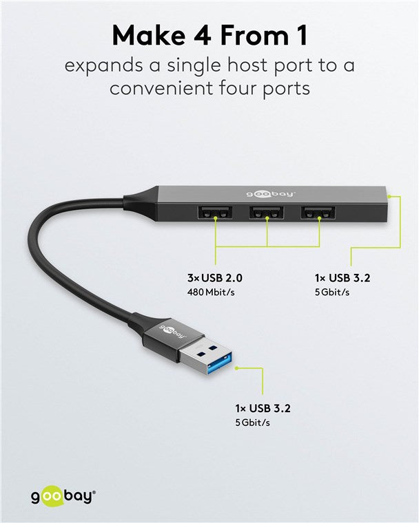 Goobay Slim 4-Port USB Hub, USB-A to 1 x USB-A 3.2 and 3 x USB-A 2.0
