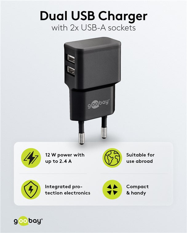 Goobay 12W Dual USB Charger - Black