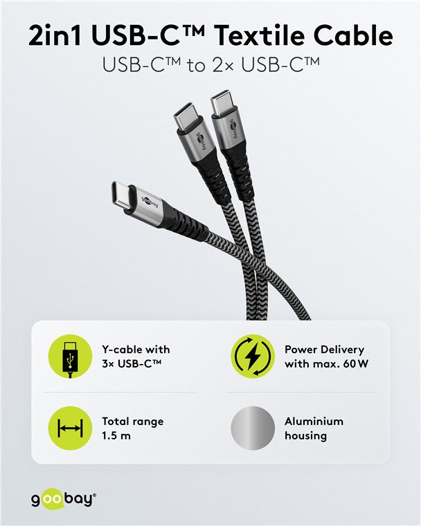 Goobay USB-C Textile 60W PD 1.5m Cable - Black/Grey