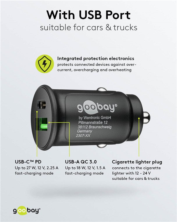 Goobay Dual-USB Fast USB-C PD 27W Car Charger