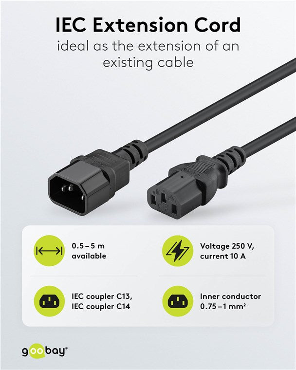 Goobay Power Extension 2m Lead with C13 socket and C14 plug - Black