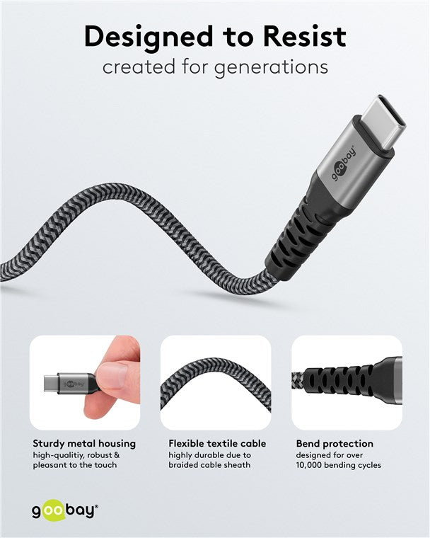 Goobay USB-C Textile 60W PD 1.5m Cable - Black/Grey