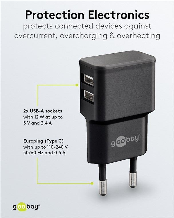 Goobay 12W Dual USB Charger - Black