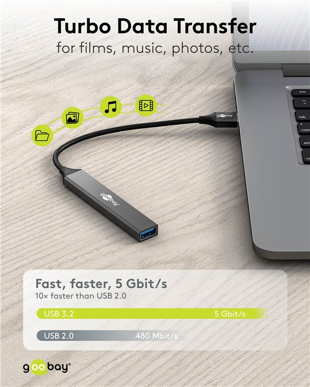 Goobay Slim 4-Port USB Hub, USB-A to 1 x USB-A 3.2 and 3 x USB-A 2.0