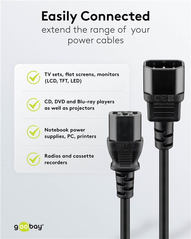 Goobay Power Extension 2m Lead with C13 socket and C14 plug - Black