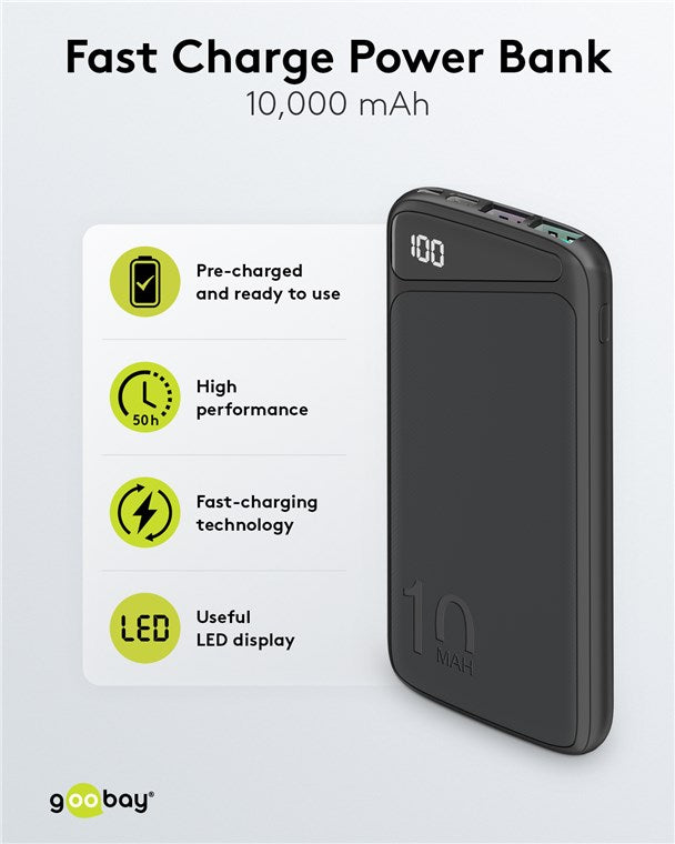 GOOBAY Fast Charge 10000 mAh Power Bank with LED Display