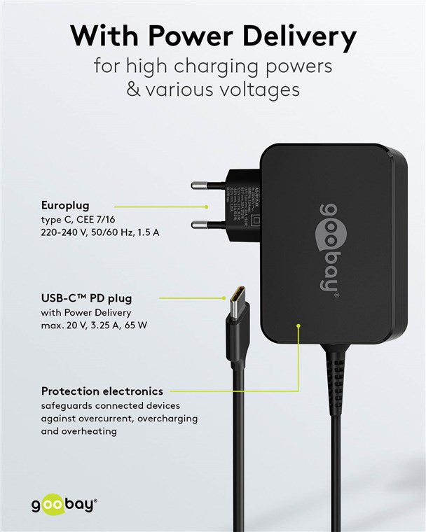 Goobay USB-C 65w Charger for Laptops - Black