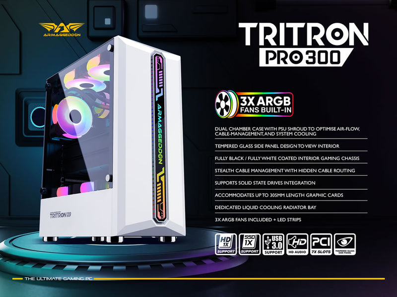 Armaggeddon Tritron Pro 300 ATX Gaming Case with 3x ARGB Fans - Black