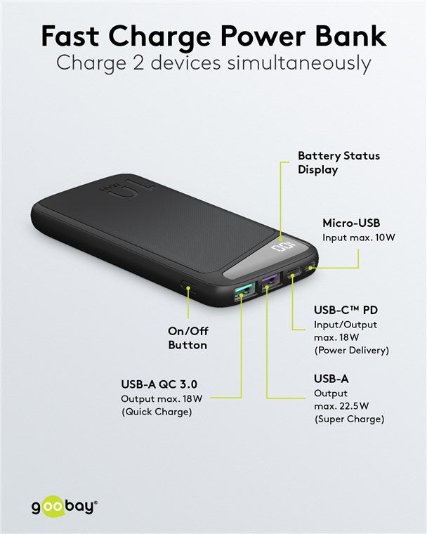 GOOBAY Fast Charge 10000 mAh Power Bank with LED Display